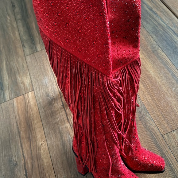 Jessica Simpson Red Rhinestone Fringe Heeled Boots - Picture 3 of 4